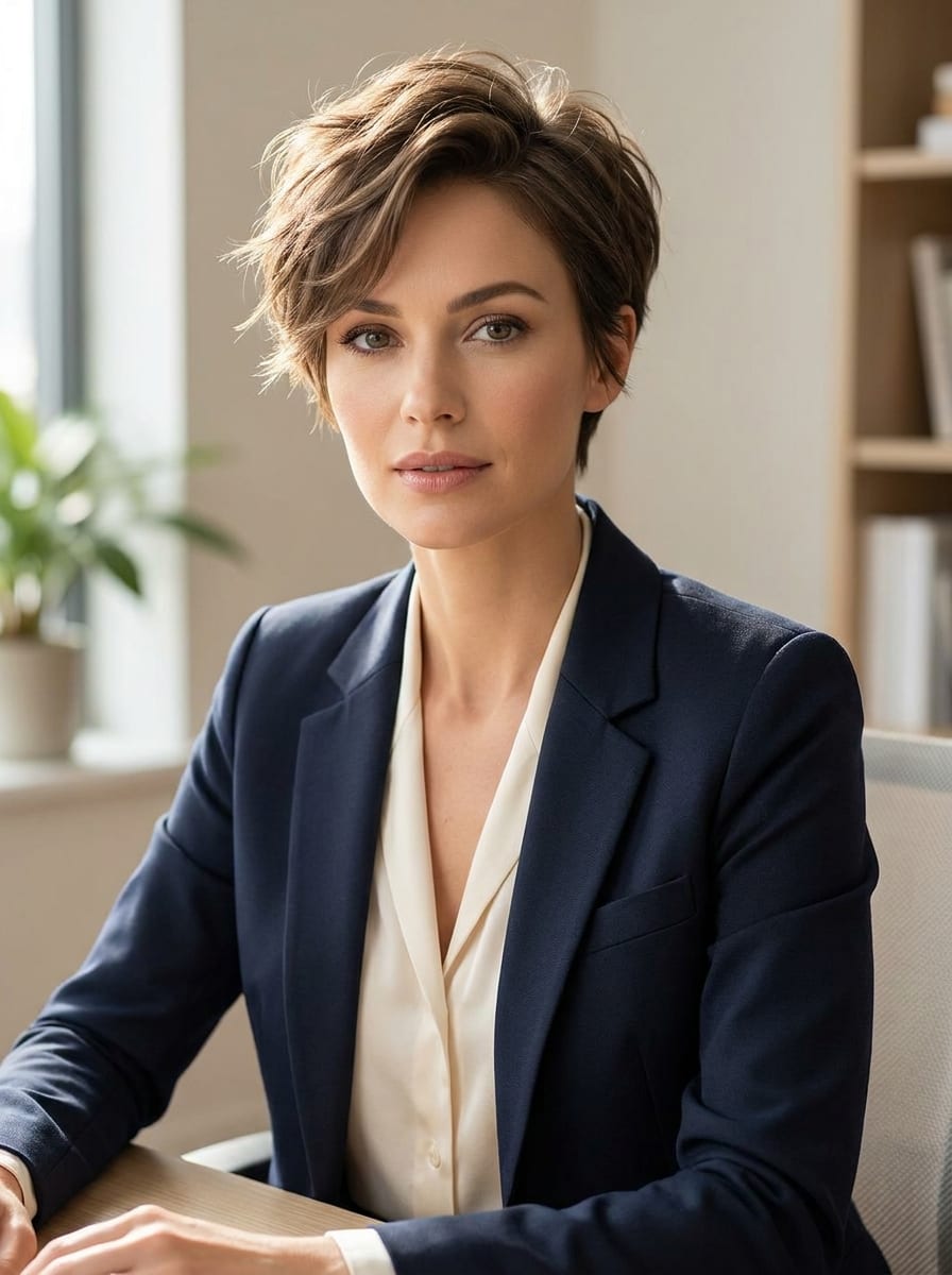 Kurzer Pixie mit Seitenscheitel - Büro Frisur